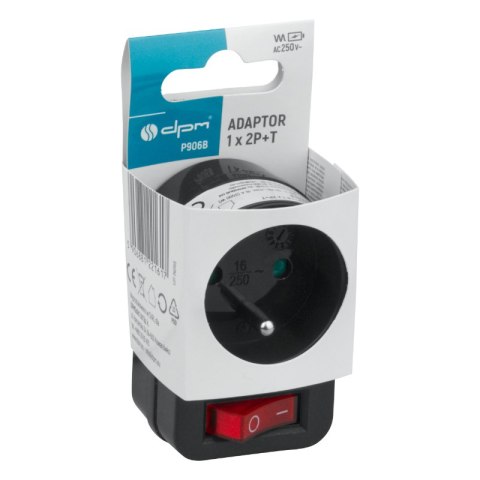 Rozgałęźnik elektryczny z włącznikiem, 1 gniazdo z uziemieniem, czarny