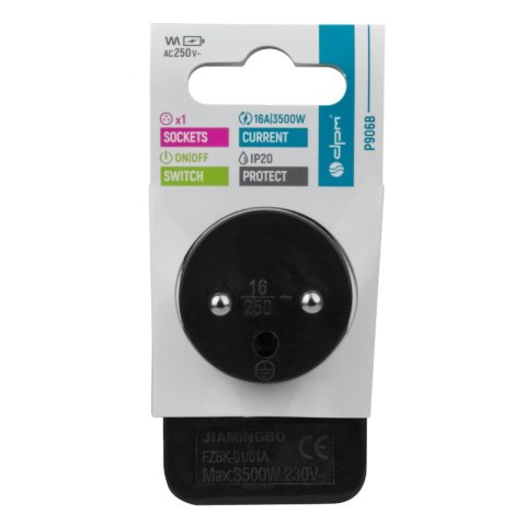 Rozgałęźnik elektryczny z włącznikiem, 1 gniazdo z uziemieniem, czarny