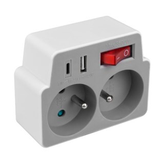 Rozgałęźnik elektryczny z włącznikiem, 2 gniazda z uziemieniem, 2 x USB, biało-szary DPM