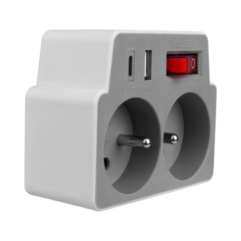Rozgałęźnik elektryczny z włącznikiem, 2 gniazda z uziemieniem, 2 x USB, biało-szary DPM