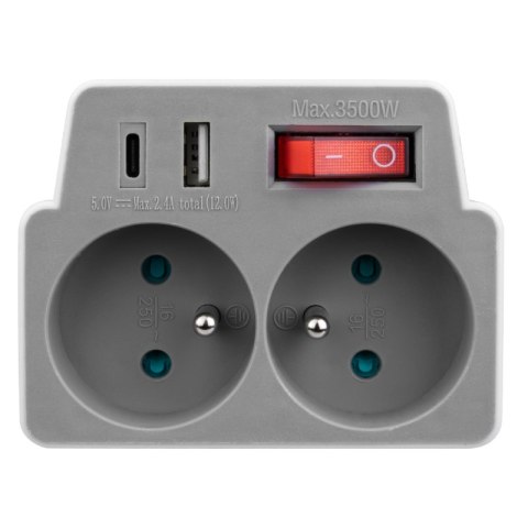 Rozgałęźnik elektryczny z włącznikiem, 2 gniazda z uziemieniem, 2 x USB, biało-szary DPM