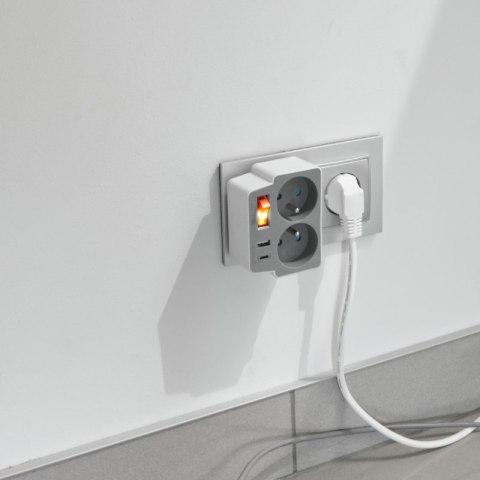 Rozgałęźnik elektryczny z włącznikiem, 2 gniazda z uziemieniem, 2 x USB, biało-szary DPM