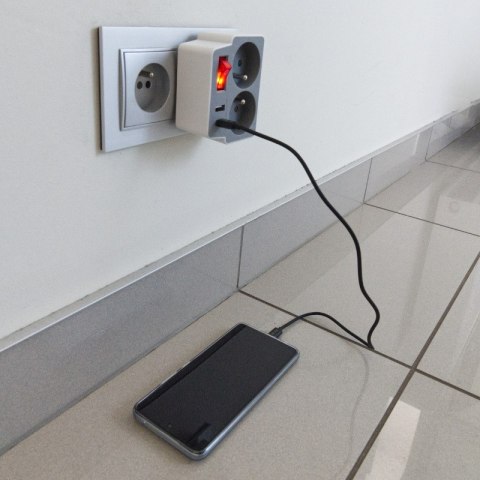 Rozgałęźnik elektryczny z włącznikiem, 2 gniazda z uziemieniem, 2 x USB, biało-szary DPM