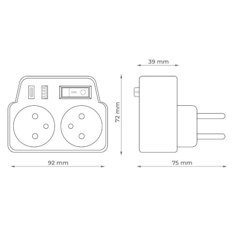 Rozgałęźnik elektryczny z włącznikiem, 2 gniazda z uziemieniem, 2 x USB, biało-szary DPM