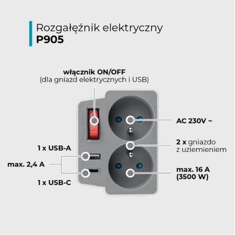 Rozgałęźnik elektryczny z włącznikiem, 2 gniazda z uziemieniem, 2 x USB, biało-szary DPM