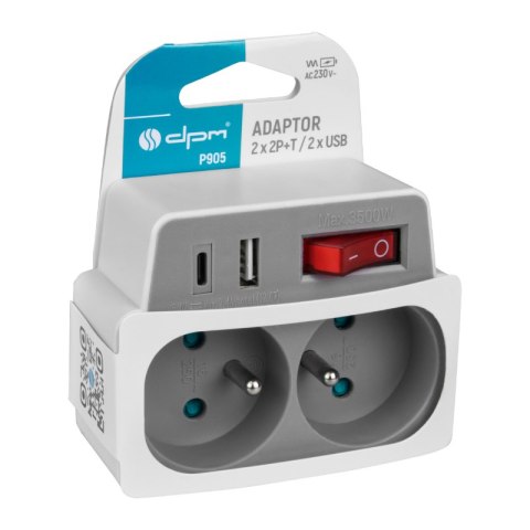 Rozgałęźnik elektryczny z włącznikiem, 2 gniazda z uziemieniem, 2 x USB, biało-szary DPM