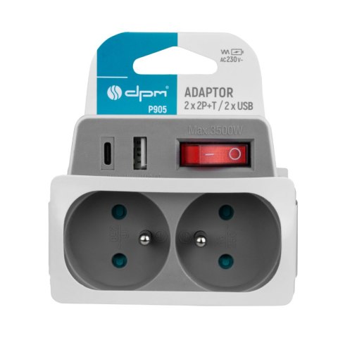 Rozgałęźnik elektryczny z włącznikiem, 2 gniazda z uziemieniem, 2 x USB, biało-szary DPM