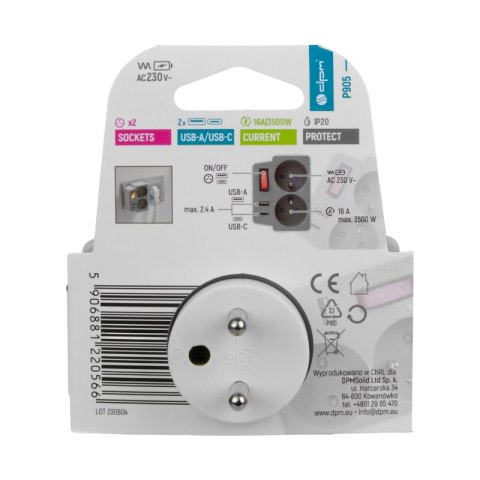 Rozgałęźnik elektryczny z włącznikiem, 2 gniazda z uziemieniem, 2 x USB, biało-szary DPM