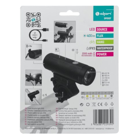 Lampa rowerowa przednia LED, ładowalna, 400 lm, IPX5