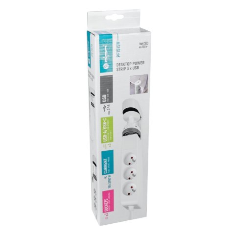 Listwa zasilająca podblatowa, 3 gniazda, 3 x USB, 1,5 m, biała