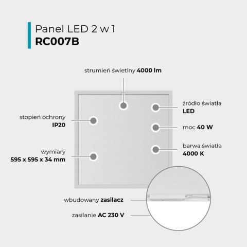 Panel LED, 60 x 60 cm, 40 W, 4000 lm, 4000 K, IP20, biały