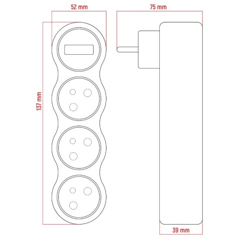 Rozgałęźnik elektryczny z włącznikiem, 3 gniazda z uziemieniem, biały