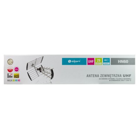 Antena kierunkowa DVB-T / DVB-T2, UHF, 29 elementów, 16 dB, wzmacniacz 24 dB, filtr LTE, karton DPM