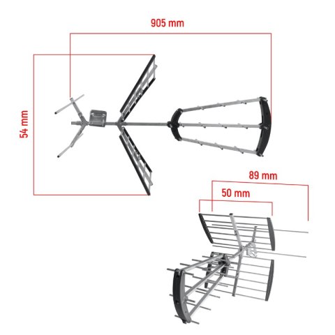 Antena kierunkowa DVB-T / DVB-T2, VHF/UHF, 32 elementy, 8/16 dB, wzmacniacz 24 dB, filtr LTE, karton DPM