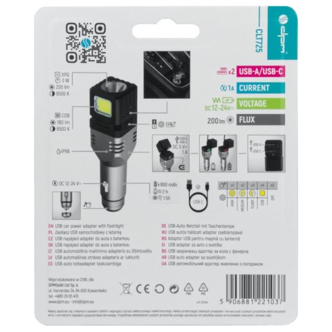 Ładowarka USB samochodowa z latarką LED/COB, 200 lm, 800 mAh, IP6X