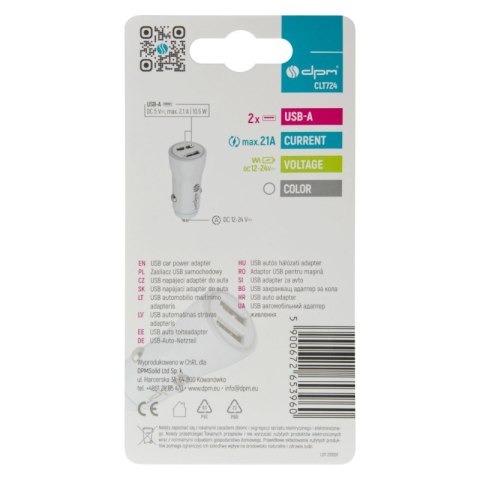Ładowarka samochodowa 2 x USB, 2,1 A, biała DPM
