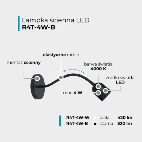 Lampka ścienna LED, 4 W, 320 lm, 4000 K, czarna DPM