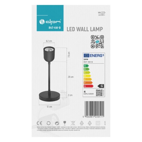 Lampka ścienna LED, 4 W, 320 lm, 4000 K, czarna DPM