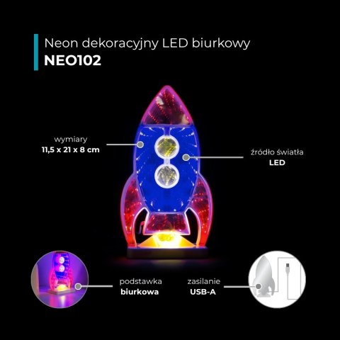 Neon LED "rakieta", biurkowy, 11,5 x 21 cm