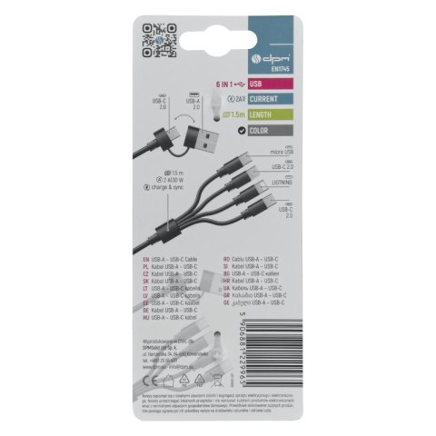 Przewód USB, 6 w 1, czarny, 1,5 m