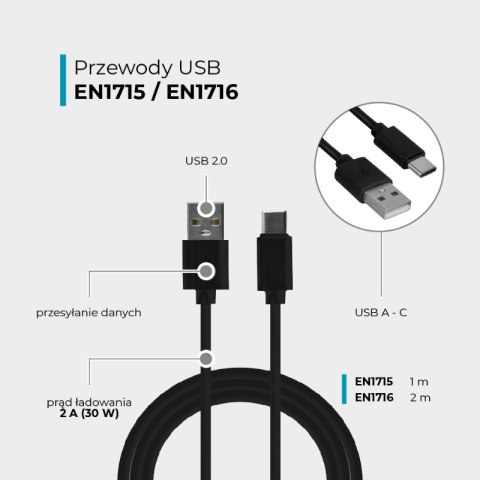Przewód USB A - C, czarny, 2 m