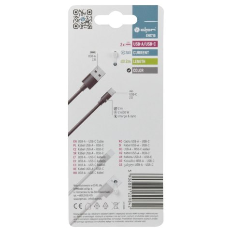 Przewód USB A - C, czarny, 2 m