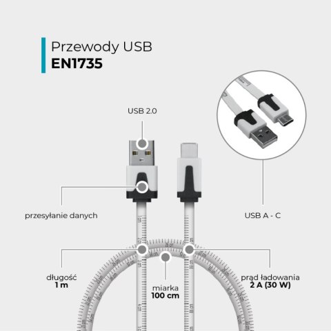 Przewód USB A - C z miarką, biały, 1 m