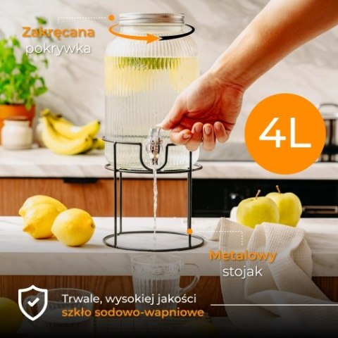 Adler Słój do napojów z kranikiem 4L | Szklany dyspenser z ryflowanym szkłem i metalowym stojakiem
