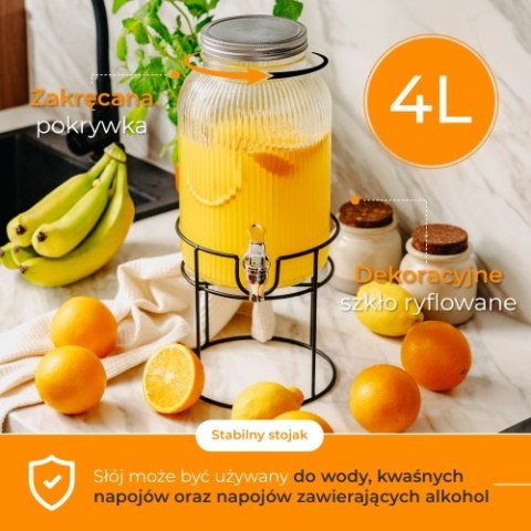 Adler Słój do napojów z kranikiem 4L | Szklany dyspenser z ryflowanym szkłem i metalowym stojakiem