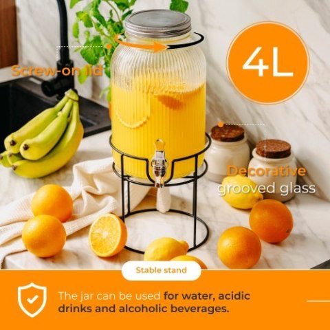 Adler Słój do napojów z kranikiem 4L | Szklany dyspenser z ryflowanym szkłem i metalowym stojakiem