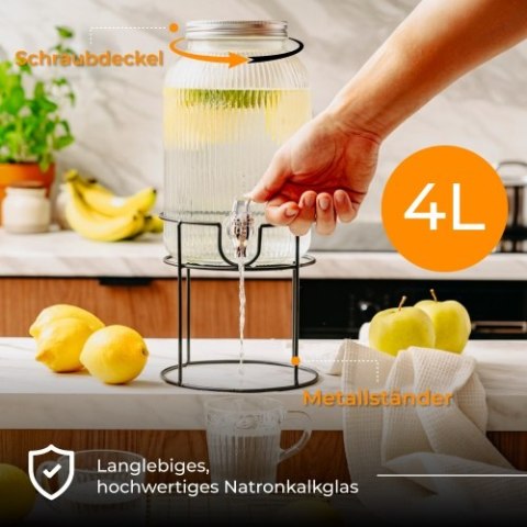 Adler Słój do napojów z kranikiem 4L | Szklany dyspenser z ryflowanym szkłem i metalowym stojakiem