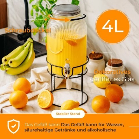 Adler Słój do napojów z kranikiem 4L | Szklany dyspenser z ryflowanym szkłem i metalowym stojakiem