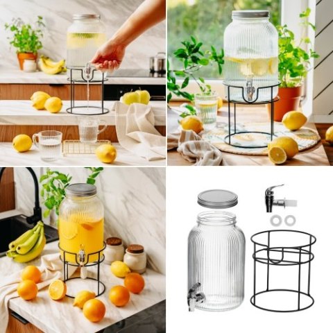 Adler Słój do napojów z kranikiem 4L | Szklany dyspenser z ryflowanym szkłem i metalowym stojakiem