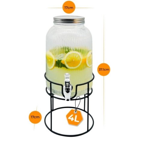 Adler Słój do napojów z kranikiem 4L | Szklany dyspenser z ryflowanym szkłem i metalowym stojakiem