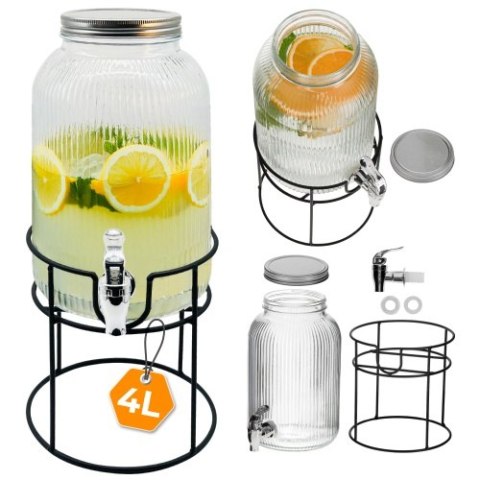 Adler Słój do napojów z kranikiem 4L | Szklany dyspenser z ryflowanym szkłem i metalowym stojakiem