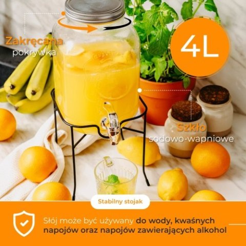 Adler Słój do napojów z kranikiem 4L ze stojakiem | Szklany dyspenser z zapasowym kranikiem