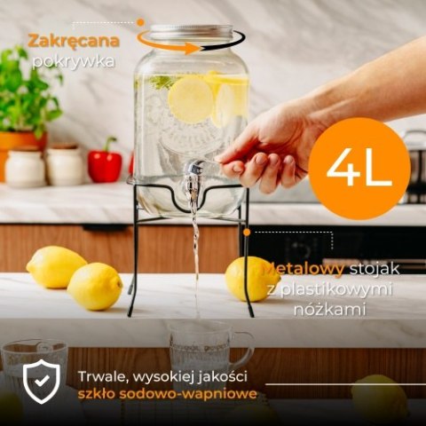 Adler Słój do napojów z kranikiem 4L ze stojakiem | Szklany dyspenser z zapasowym kranikiem