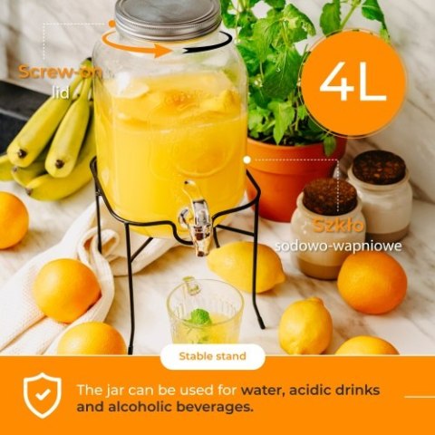 Adler Słój do napojów z kranikiem 4L ze stojakiem | Szklany dyspenser z zapasowym kranikiem