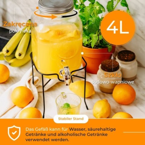 Adler Słój do napojów z kranikiem 4L ze stojakiem | Szklany dyspenser z zapasowym kranikiem