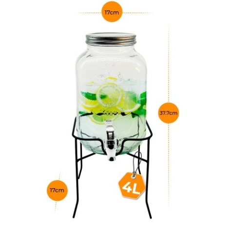 Adler Słój do napojów z kranikiem 4L ze stojakiem | Szklany dyspenser z zapasowym kranikiem