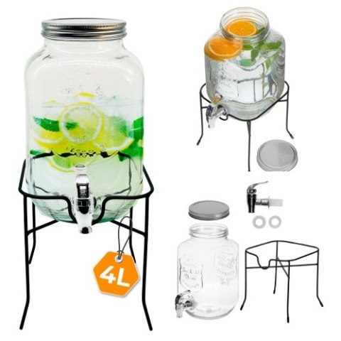 Adler Słój do napojów z kranikiem 4L ze stojakiem | Szklany dyspenser z zapasowym kranikiem