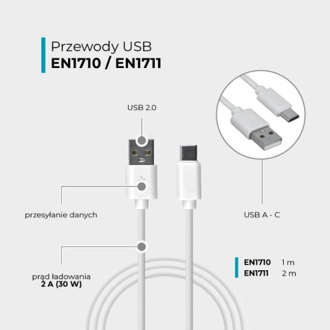 Przewód USB A - C, biały, 1 m