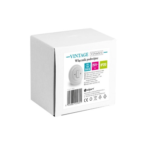 Włącznik podwójny ceramiczny podtynkowy, VINTAGE, biały