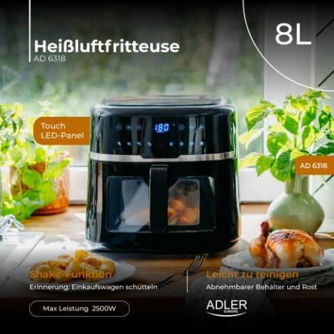 Adler Frytkownica beztłuszczowa 8,0 L | 9 programów | Air Fryer z LED i oświetleniem |