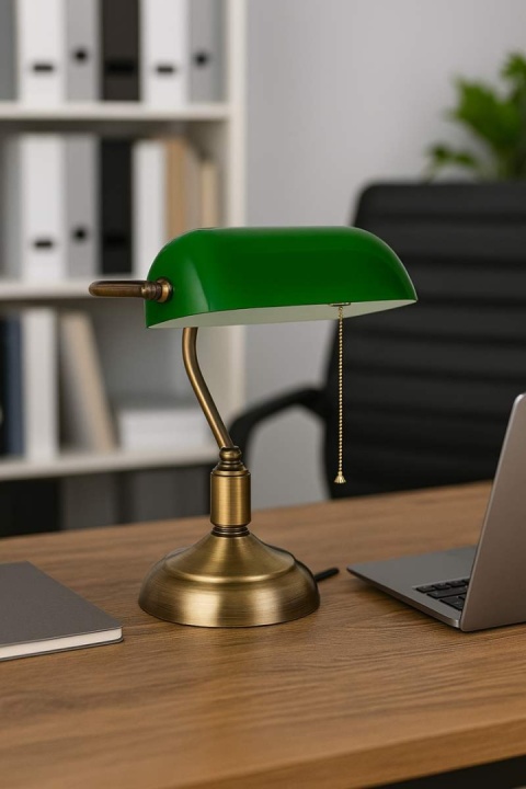 Lampa Bankierska złota zielona, zielony klosz do banku, biblioteki E27 Volteno