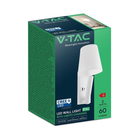 Oprawa LED V-TAC 2W COB CREE kinkiet biały USB+USB C VT-80062-W 3000K 60lm