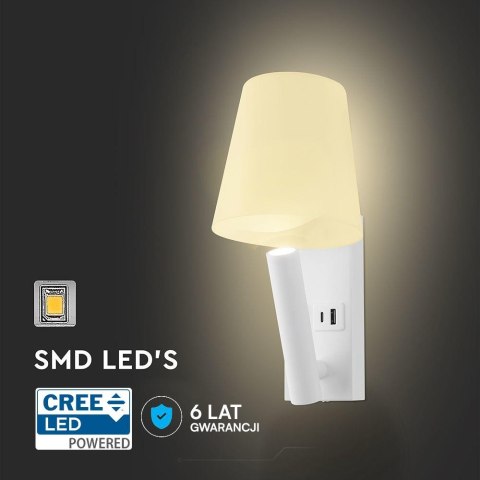 Oprawa LED V-TAC 2W COB CREE kinkiet biały USB+USB C VT-80062-W 3000K 60lm