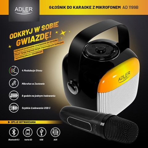 Adler Głośnik do karaoke z mikrofonem - SD/USB/AUX/Bluetooth