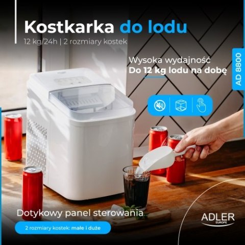Adler Kostkarka do lodu | 12 kg/24h | 2 rozmiary kostek | Tryb czyszczenia | Cicha praca | Panel dotykowy
