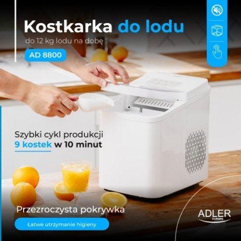 Adler Kostkarka do lodu | 12 kg/24h | 2 rozmiary kostek | Tryb czyszczenia | Cicha praca | Panel dotykowy
